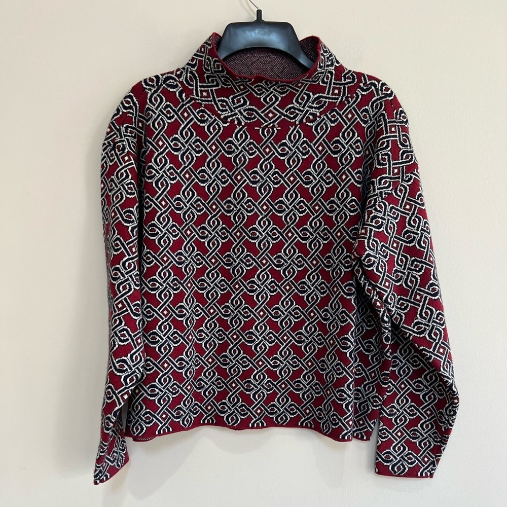 Maeve Anthropologie The Carys Geometric Mock Neck Pullover Sweater Red Black, XS